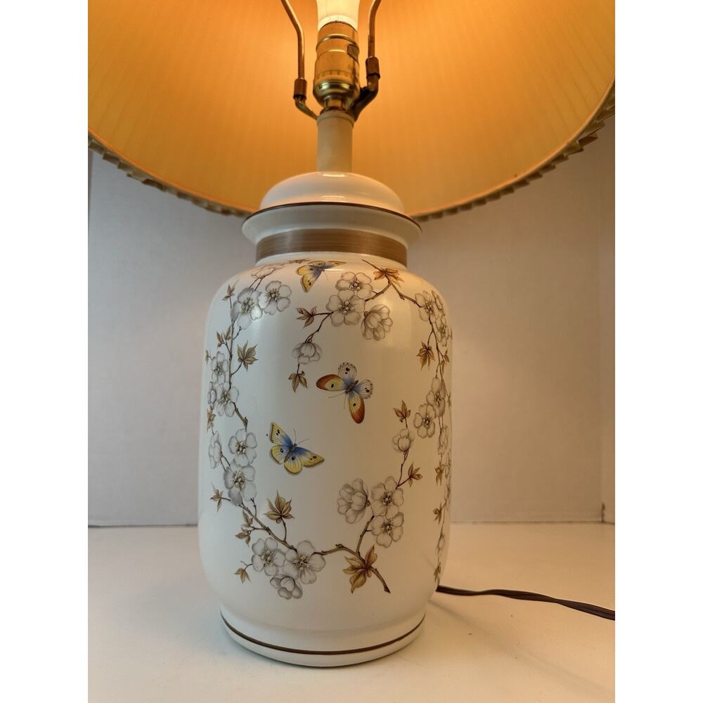 Vintage Hand Painted Mid Century Ceramic Jar Floral Design Butterflies Lamp MCM